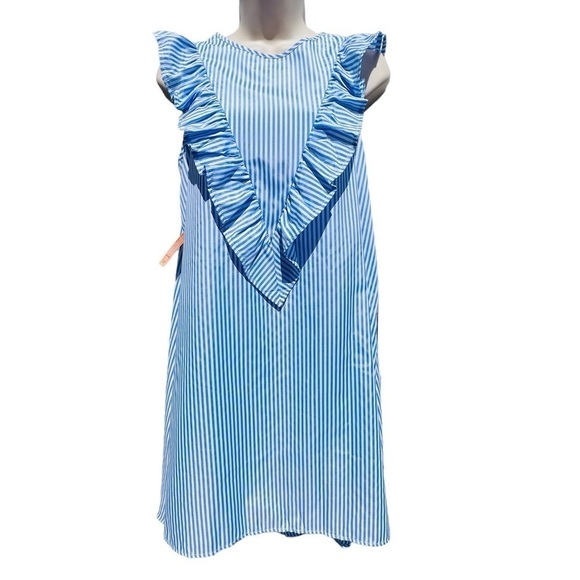Dresses & Skirts - Ruffle Yoke Summer Sleeveless Mini Dress Stripe Light Blue White new